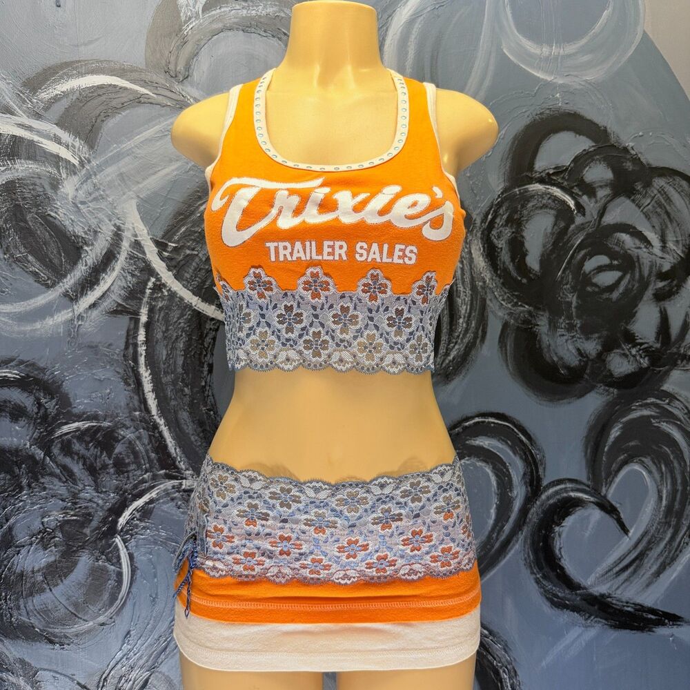 New Breed Girl Tank Top Mini Skirt Set Orange S/M Y2K Lace Ooak